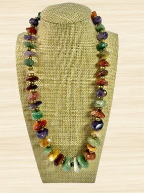 Vintage Polished Multi Gemstone Necklace 14” Jasper Jade Agate Quartz Amethyst